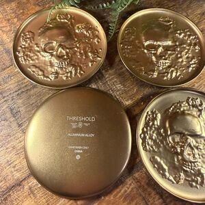 Threshold Gold Aluminum Alloy Skull Coaster Set of 4, 4" Round Gothic Style